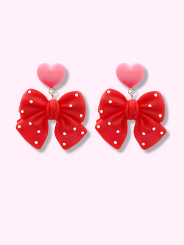 Polka Heart Bow Earrings | Red