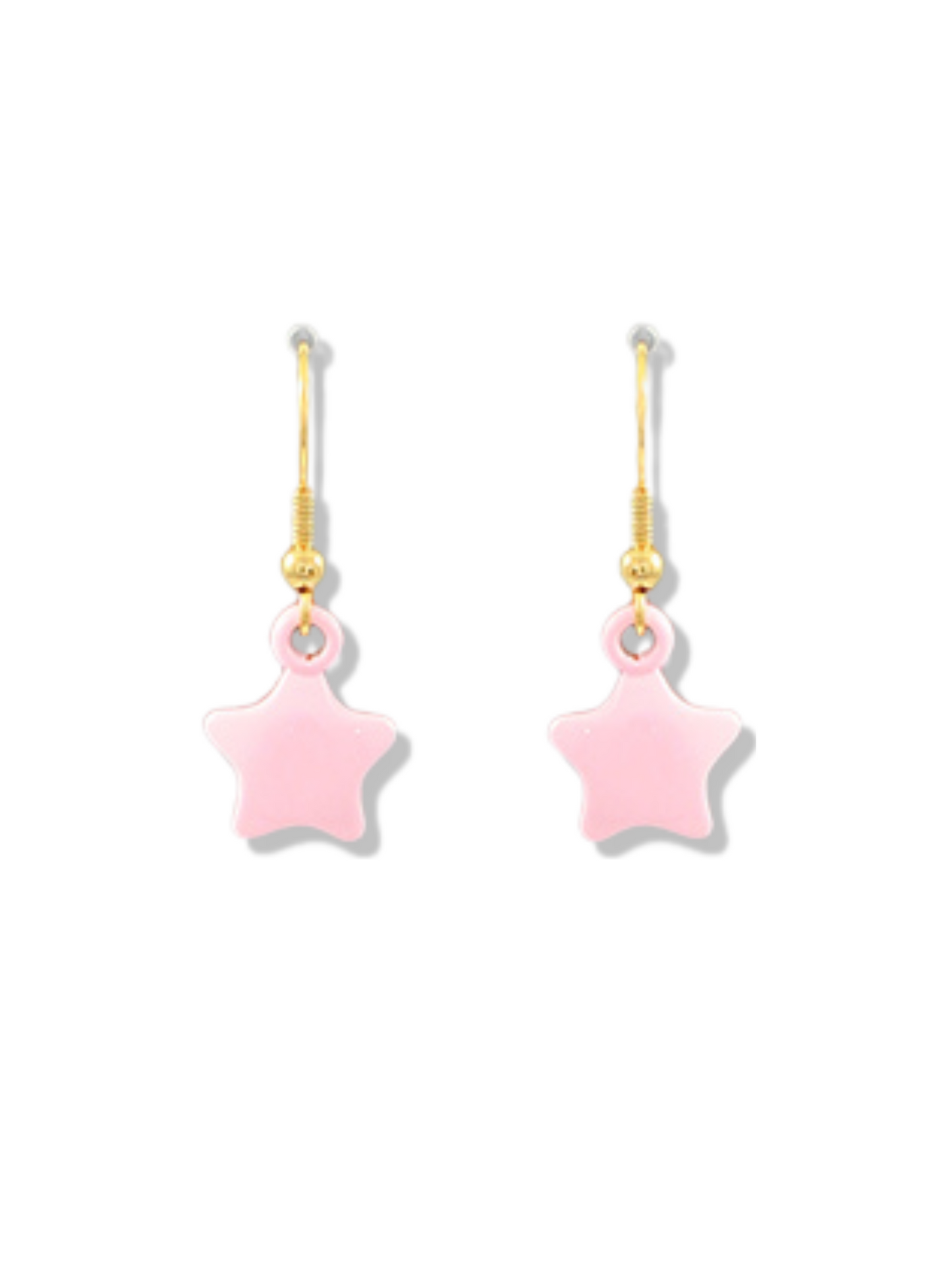 Pair of dainty pink star earrings with gold hooks.