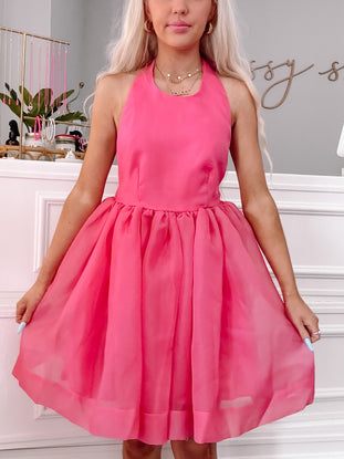Pink halter neck mini dress, sheer organza skirt, perfect for summer events