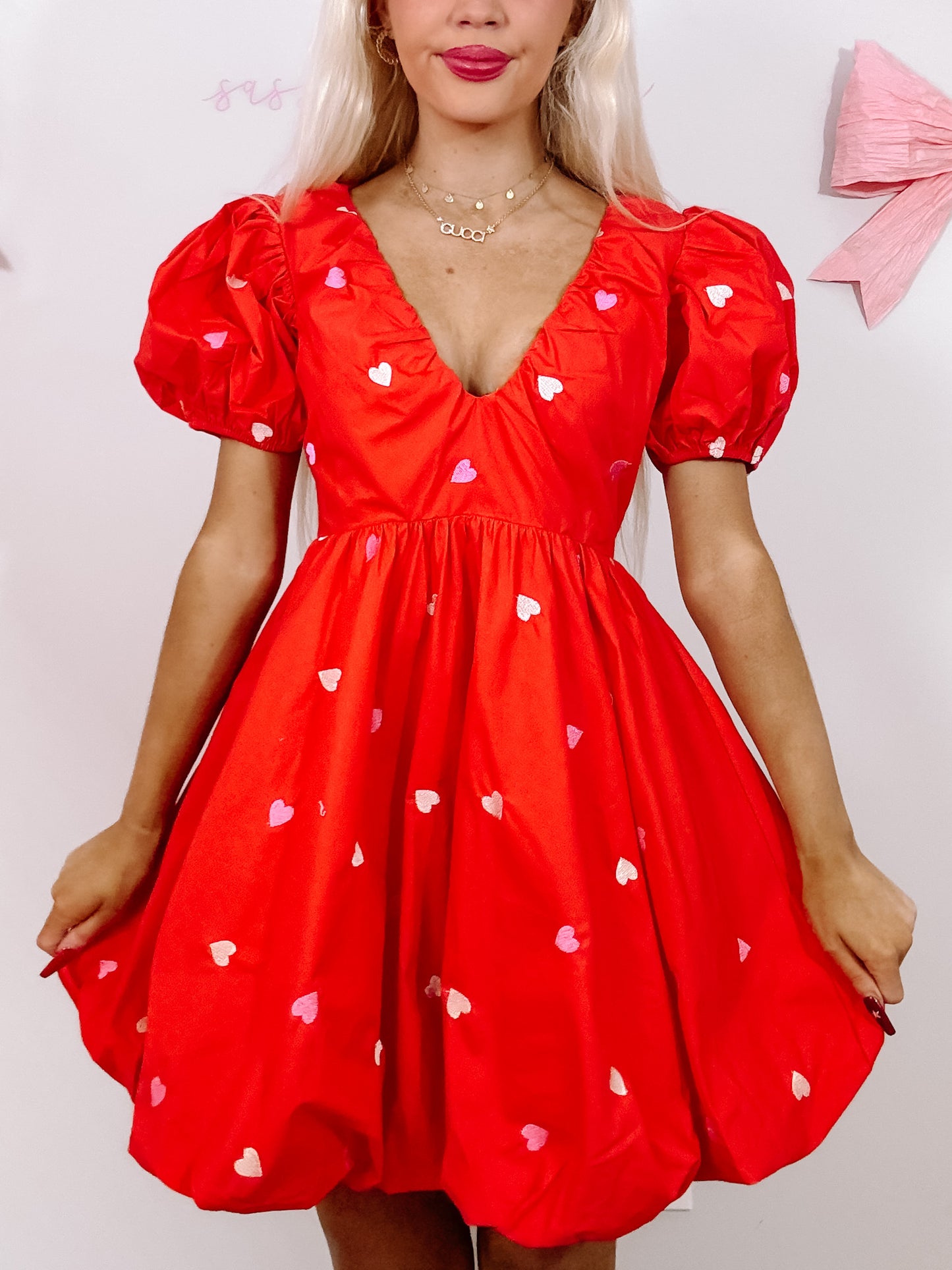Red Mark My Love dress with pink and red heart accents.