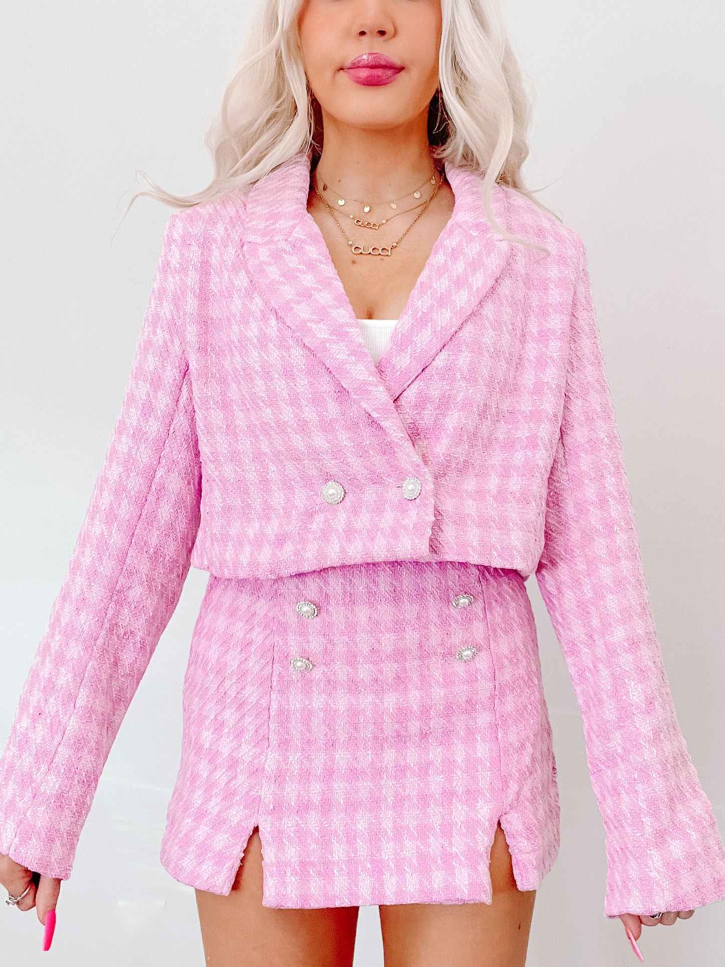 Paris Pink Pearl Set: Pink tweed cropped blazer & skirt set, featuring pearl buttons.