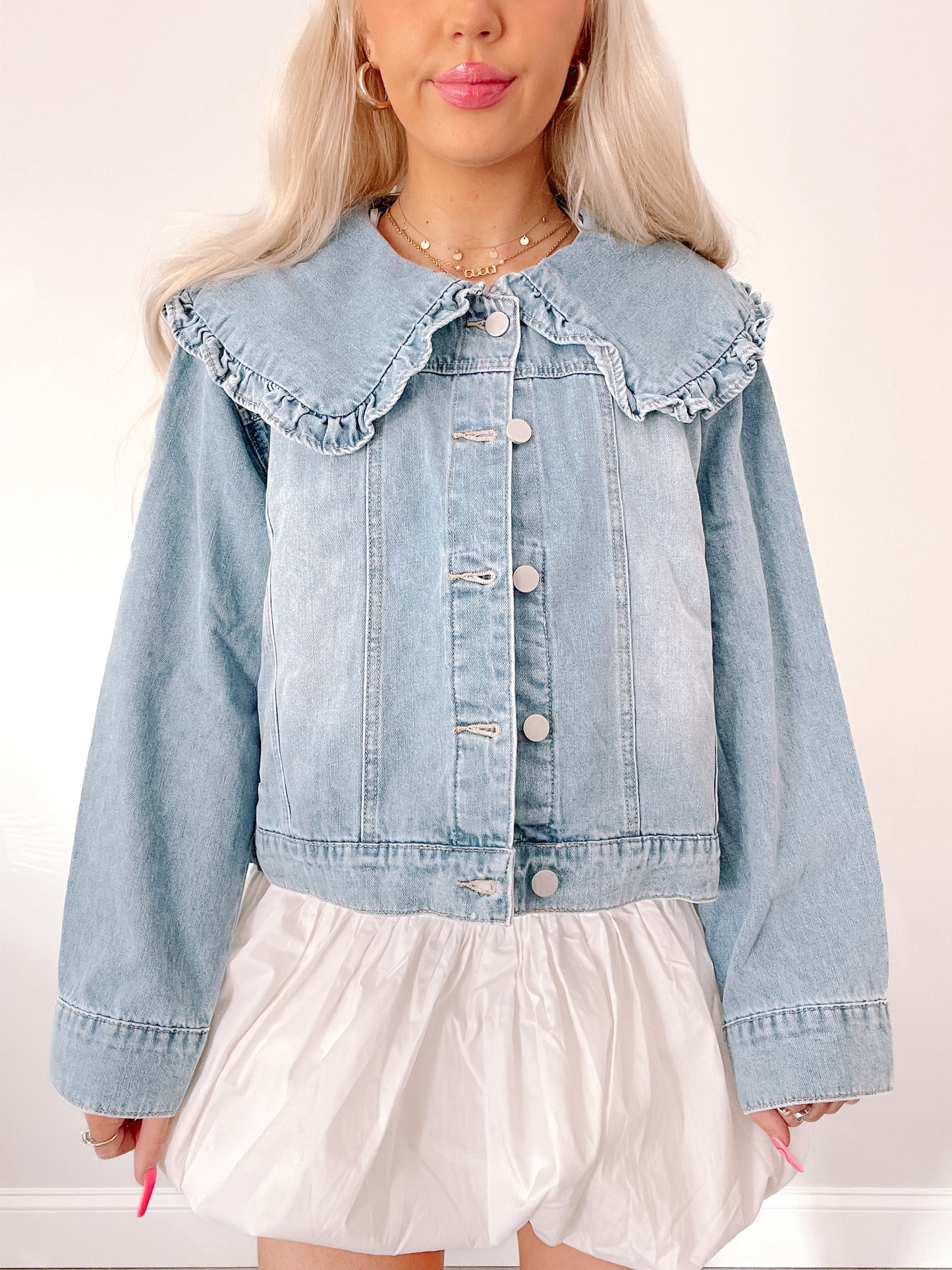 Denim Doll Jacket: Light wash denim jacket with ruffled Peter Pan collar.