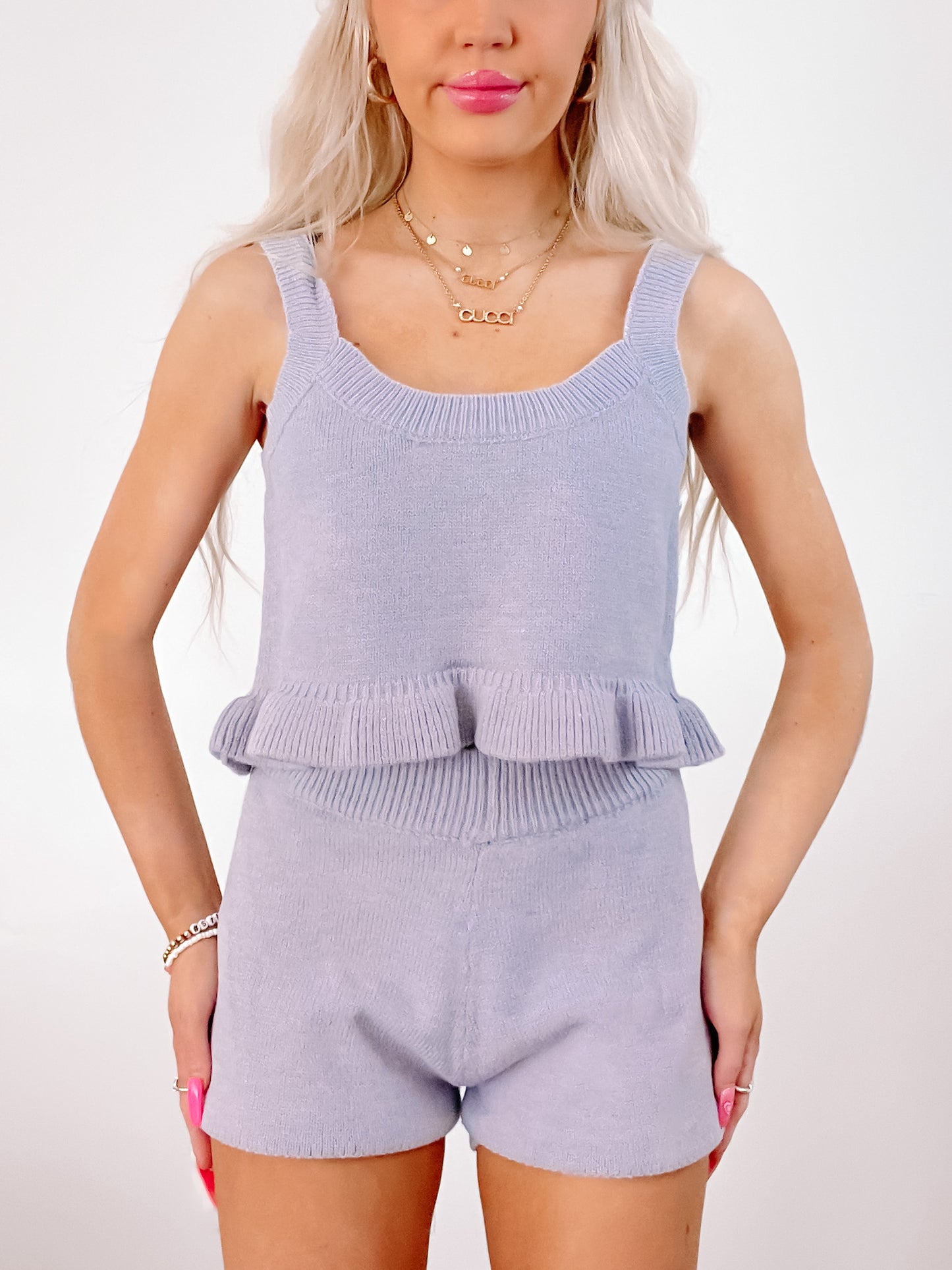 Lavender knit Everett Set: cropped tank top and shorts set.