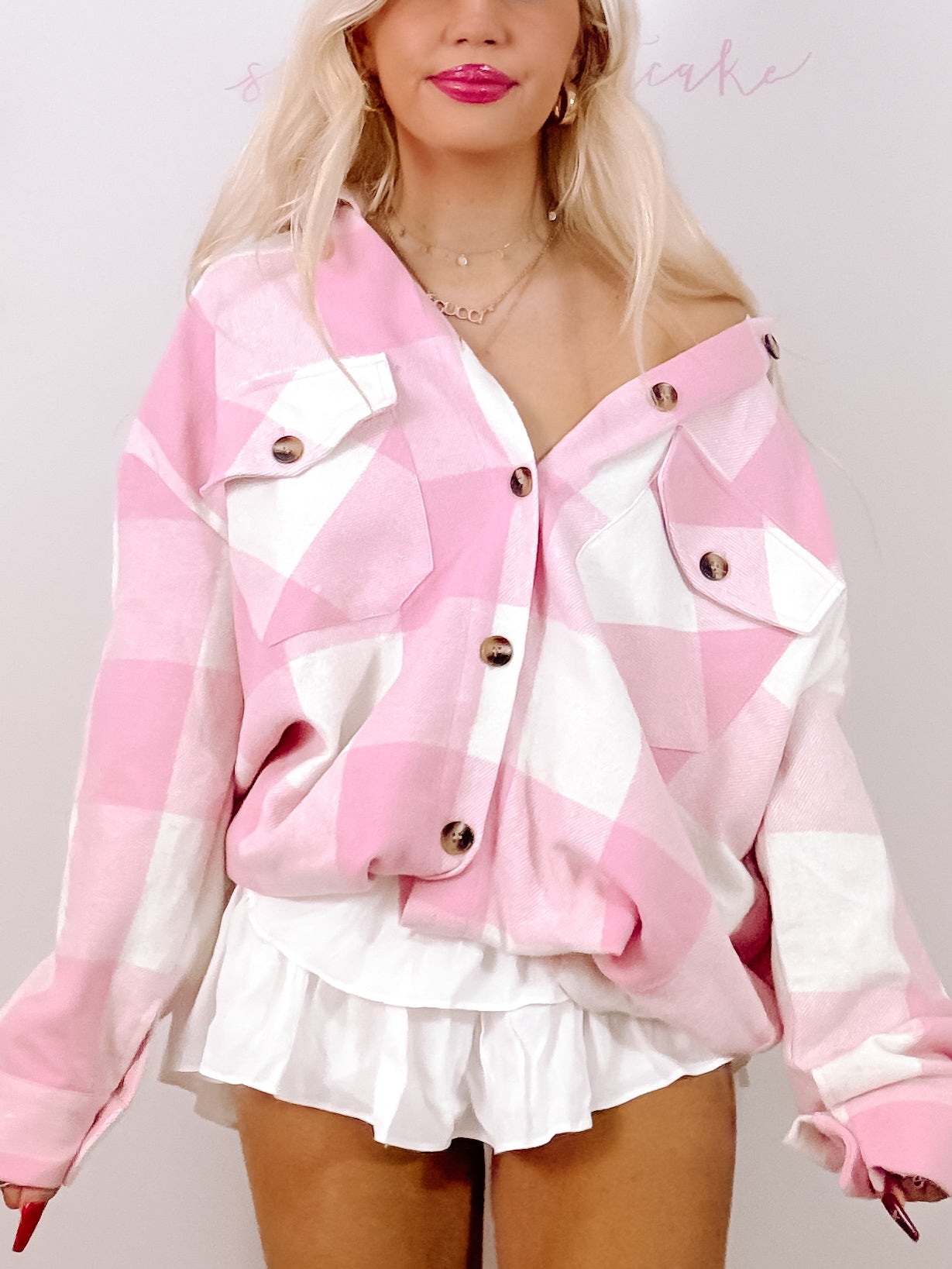 Pink and white buffalo plaid Maggie shacket
