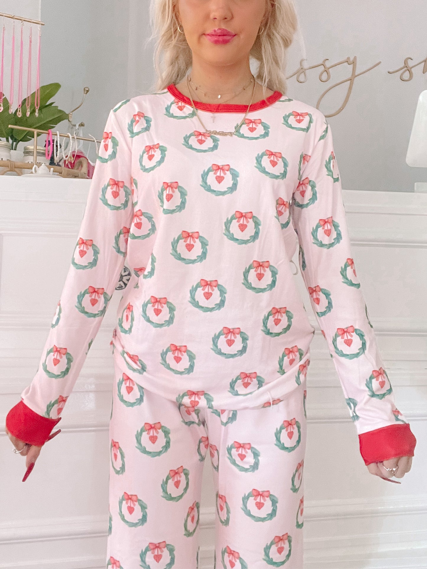 Pink & red Wreath Love PJ set with long sleeves and festive wreath print.