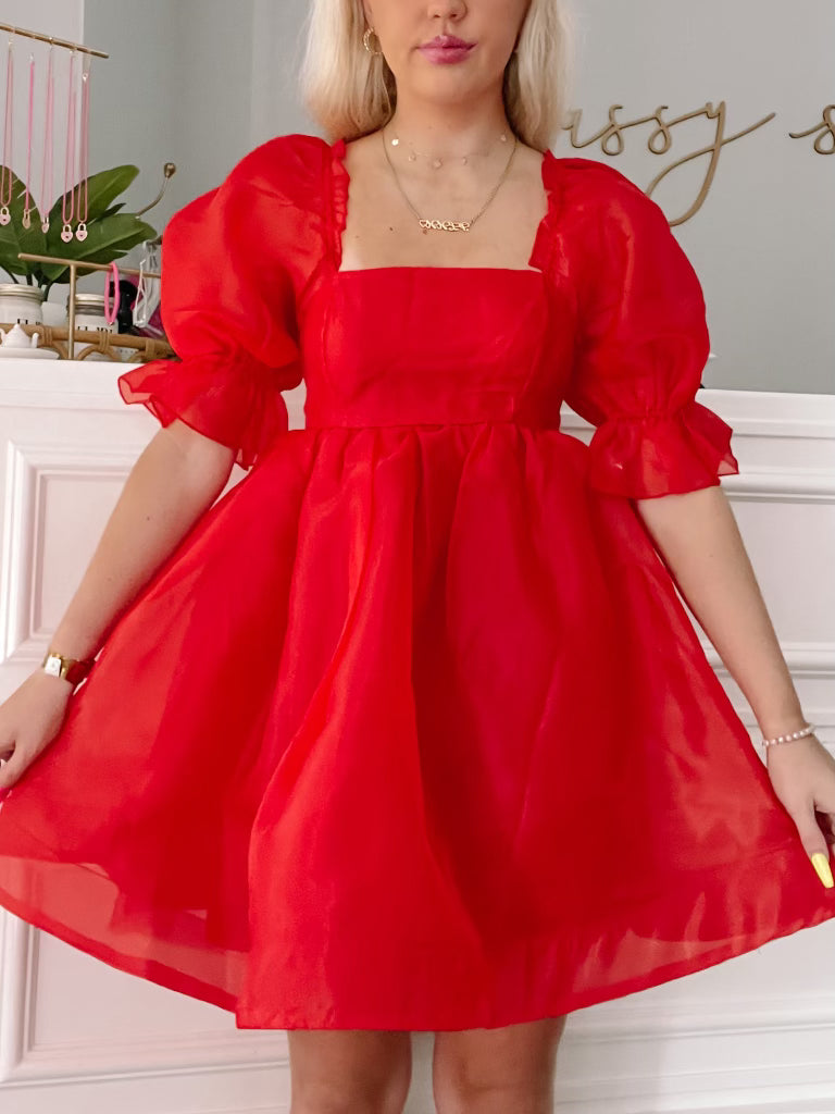 Red Fruit Punch organza mini dress with puff sleeves