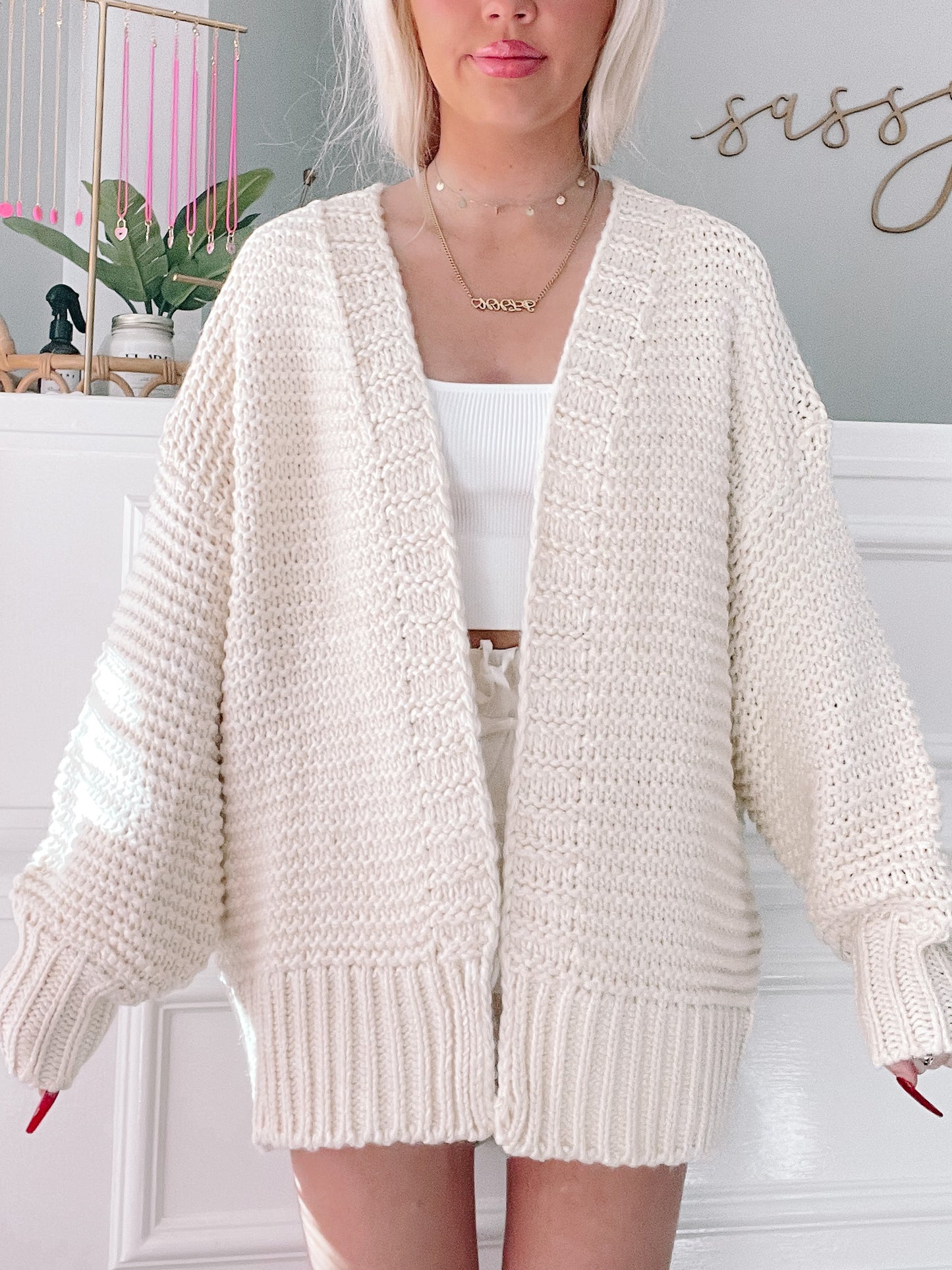 Cream Spring Shine Cardigan: chunky knit, oversized fit, open front.