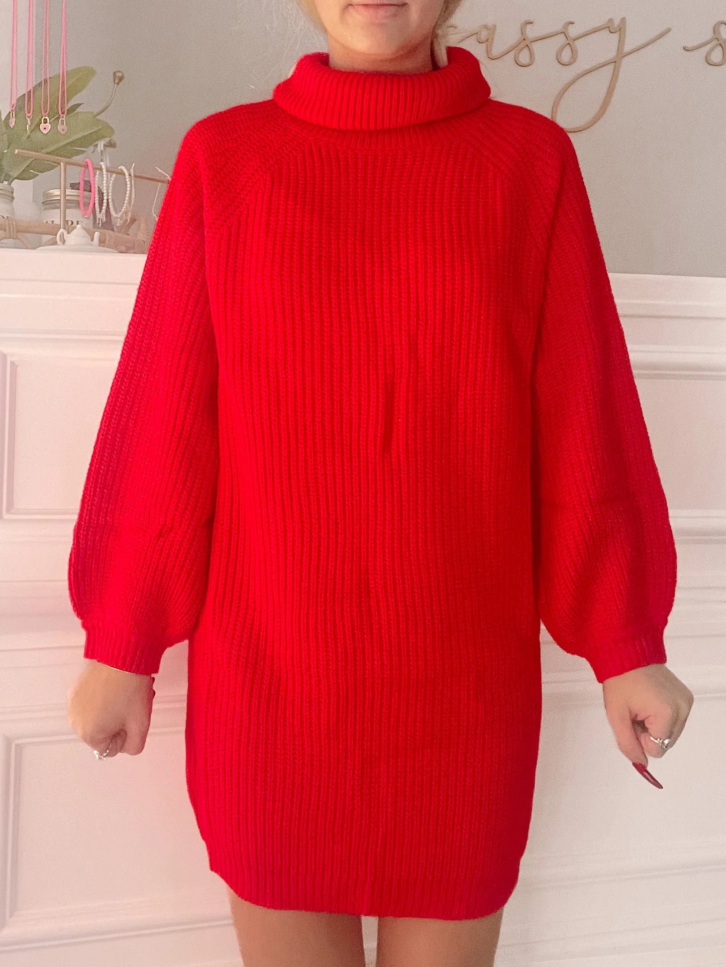 Red Ski Slope ribbed knit turtleneck sweater dress
