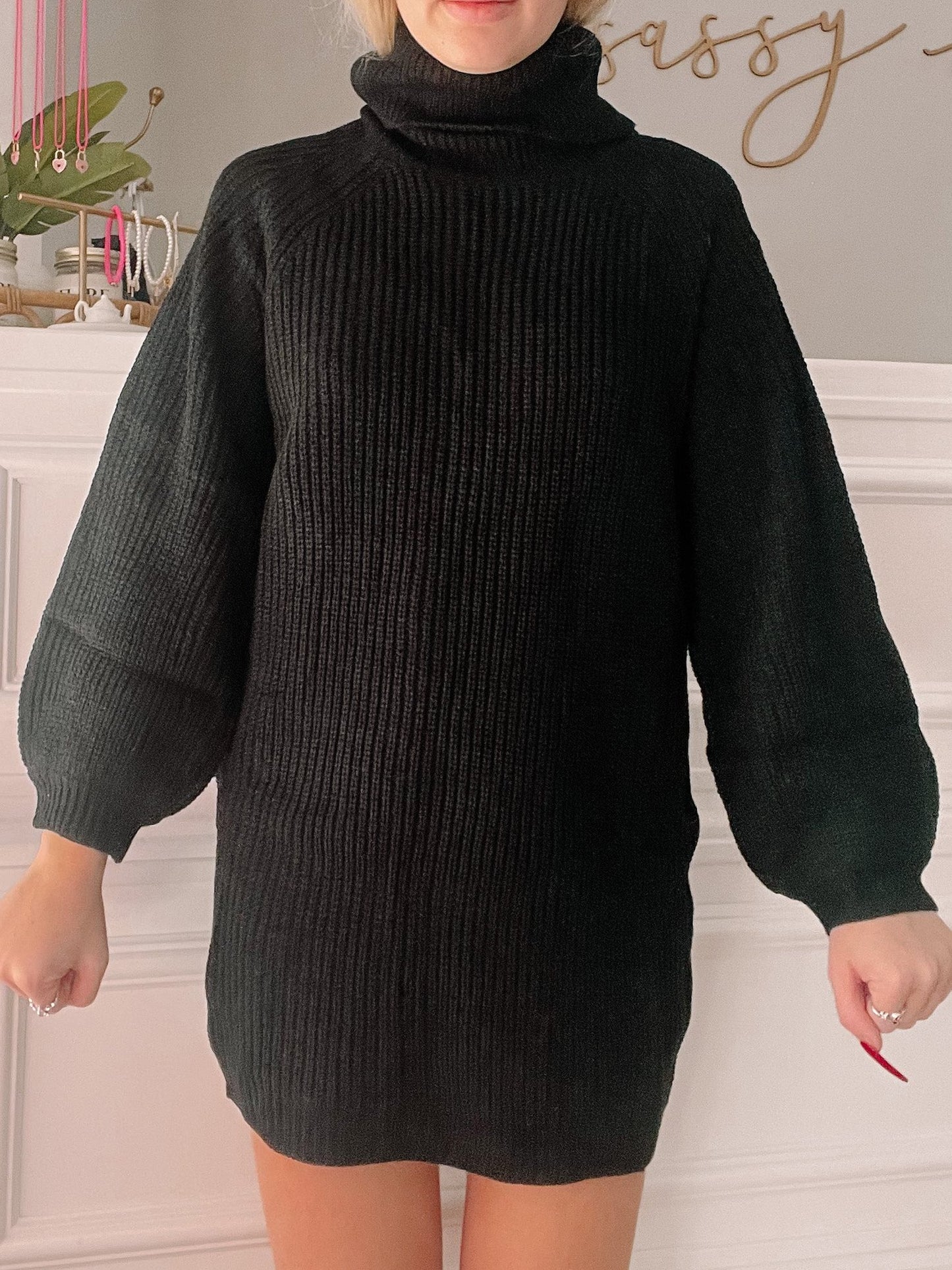 Black Ski Slope turtleneck sweater dress, ribbed knit, balloon sleeves.