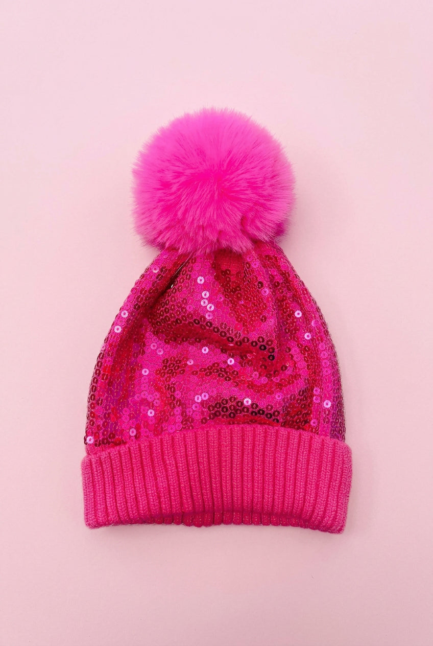 Hot pink sequin beanie with fluffy pompom from sassy shortcake