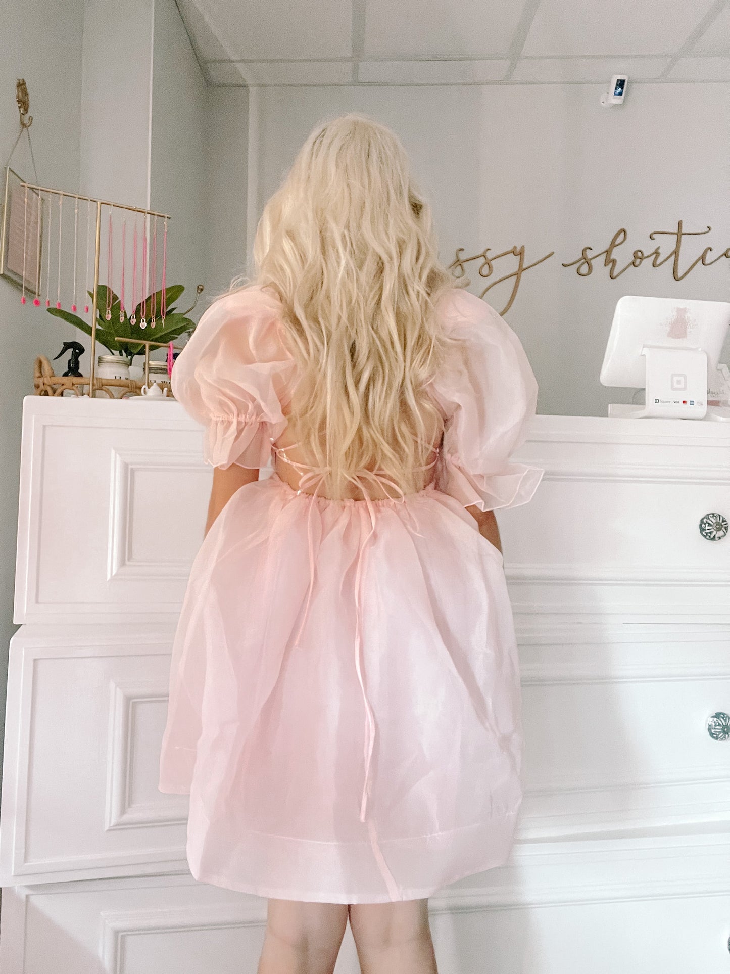 Blush pink organza mini dress with puff sleeves and open back detail, shown from behind.