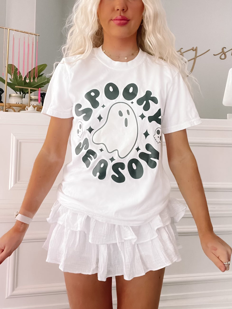 Spooky Season white graphic tee with ghost design