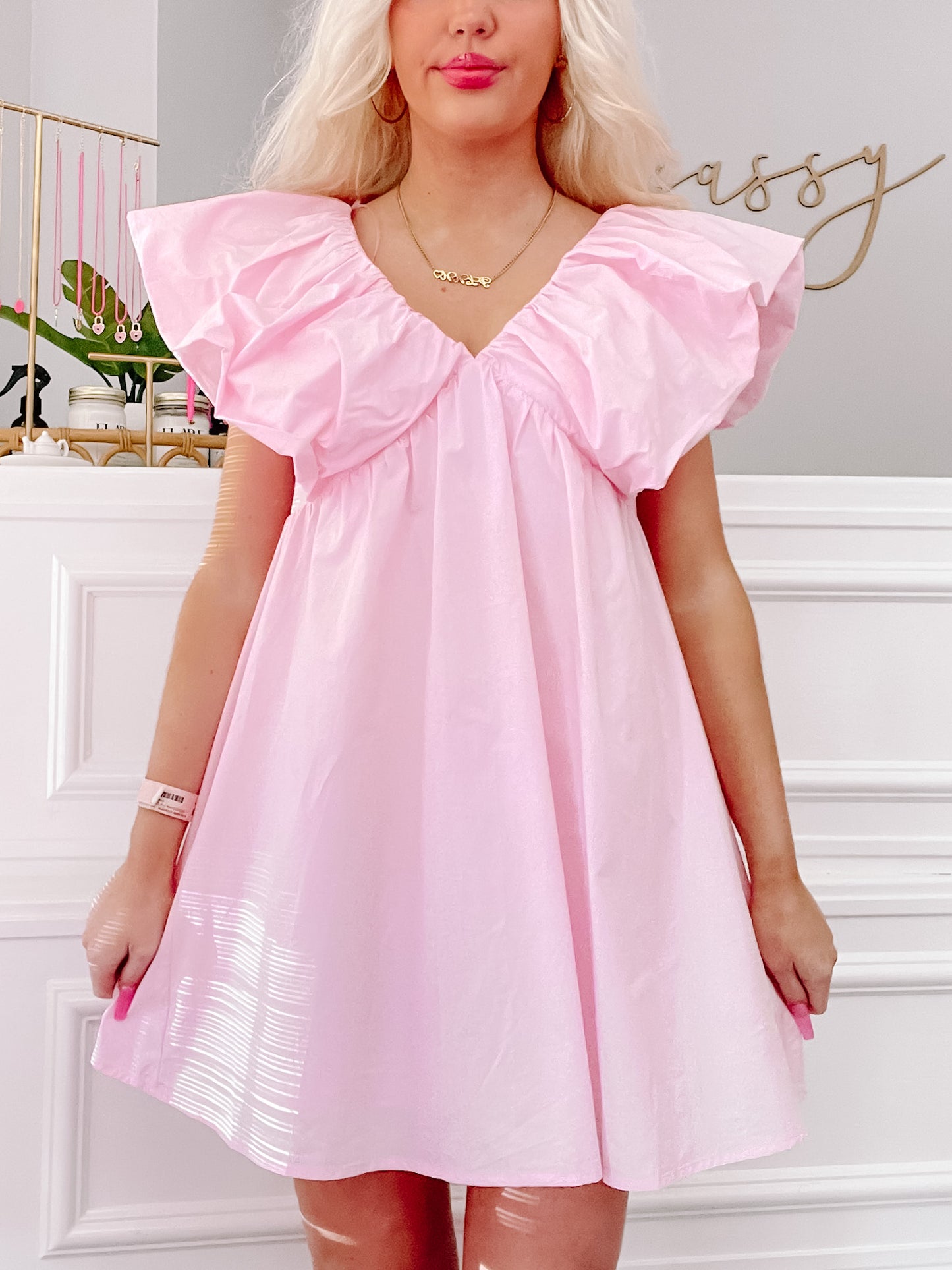 Pink Simply Summer dress, ruffled short sleeves, V-neck