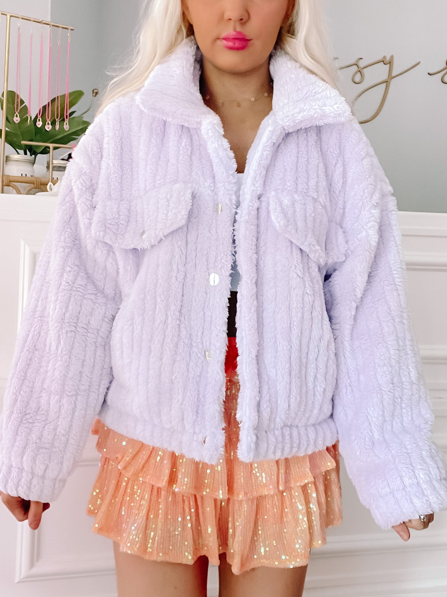 Lilac fluffy teddy jacket with button closure