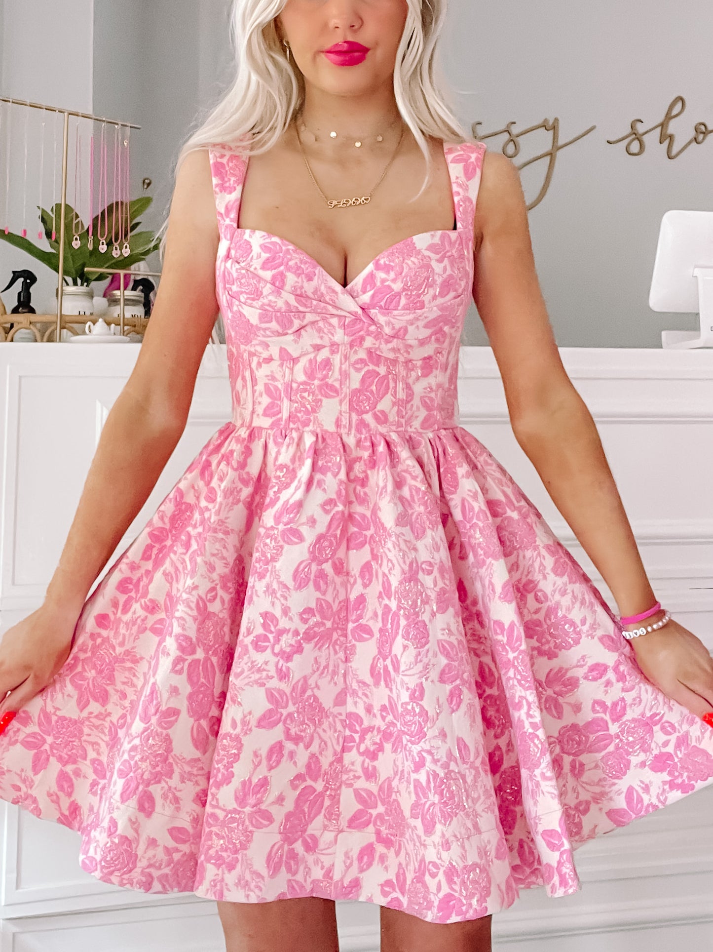 Pink floral skater dress with sweetheart neckline