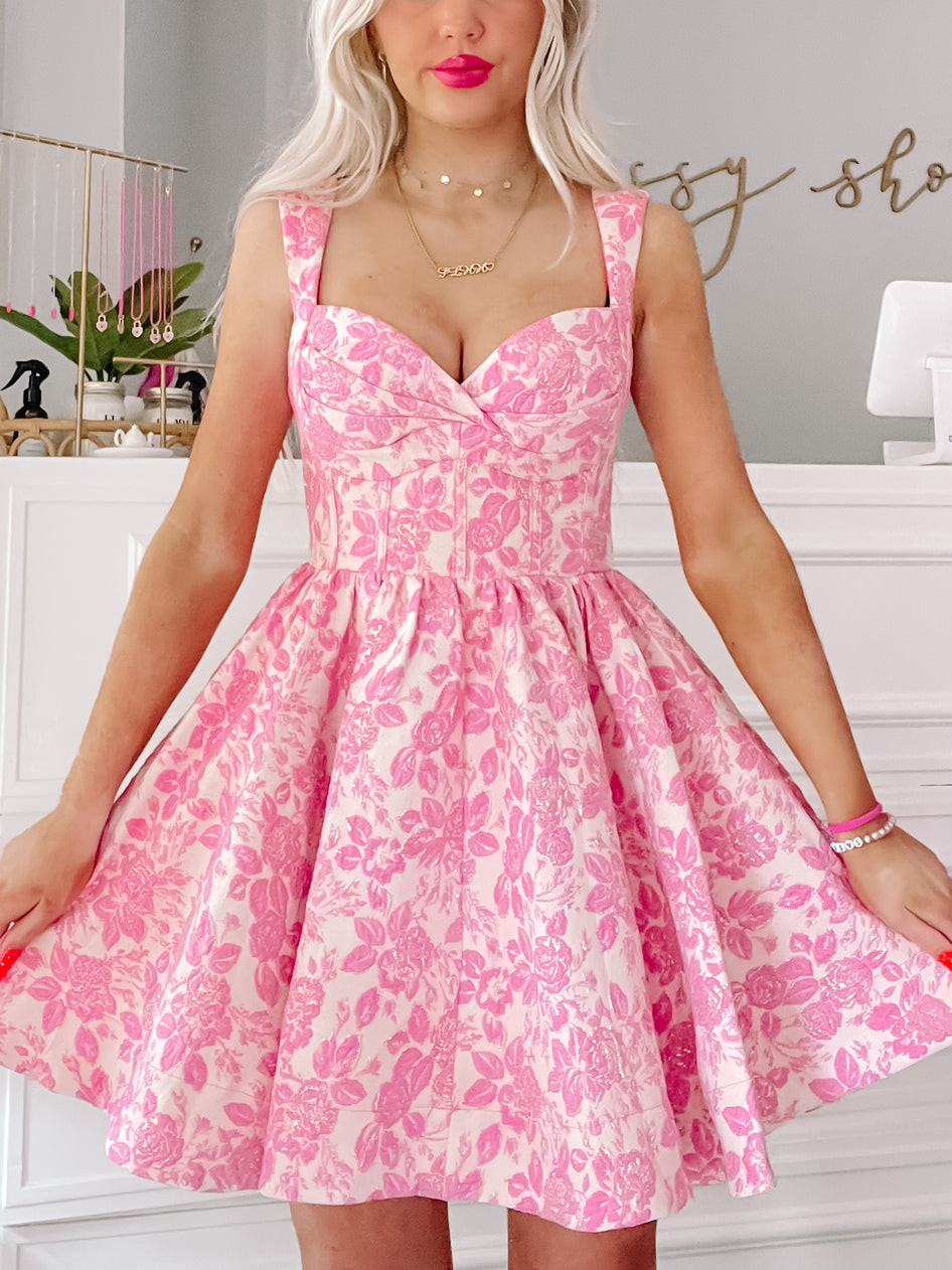 Pink floral skater dress with sweetheart neckline