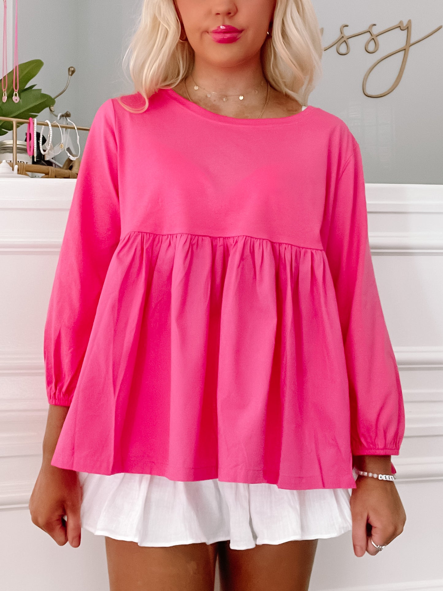 Hot pink Get Busy Top with white layered bottom; bubble sleeves, relaxed fit.
