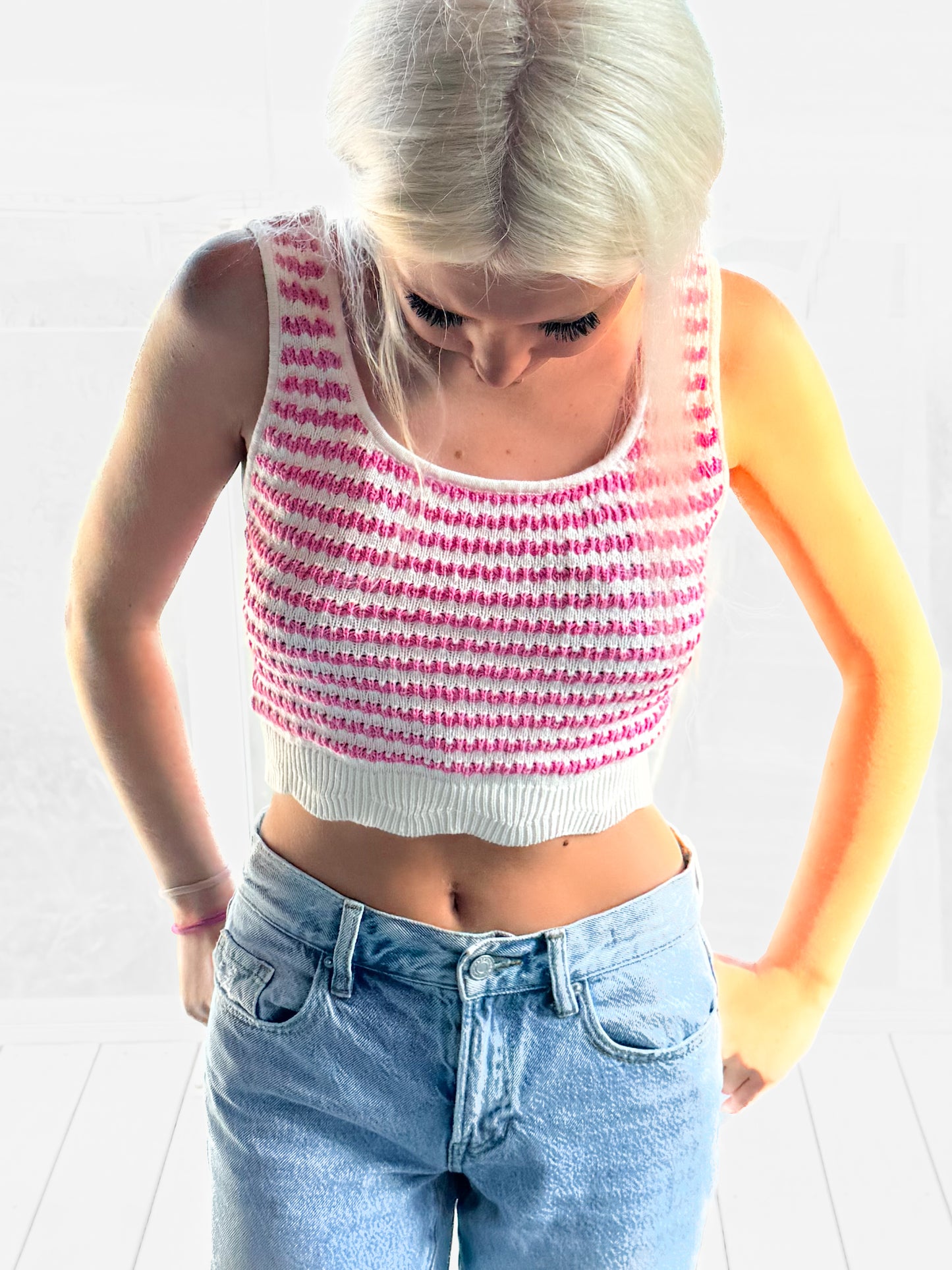 Sophia Scallop Top: Pink and white striped knit crop top.