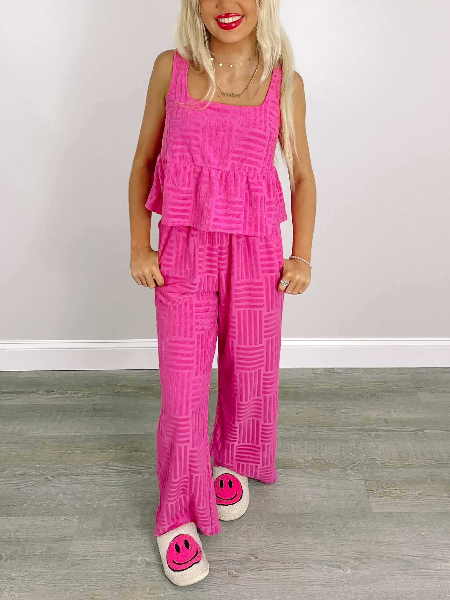 Hot pink Lydia Lounge Set: textured crop top & wide-leg pants.