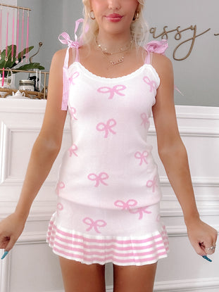 Cream Bailey Bow Dress:  Pink bow print, gingham straps, white ribbed knit, flirty fit.