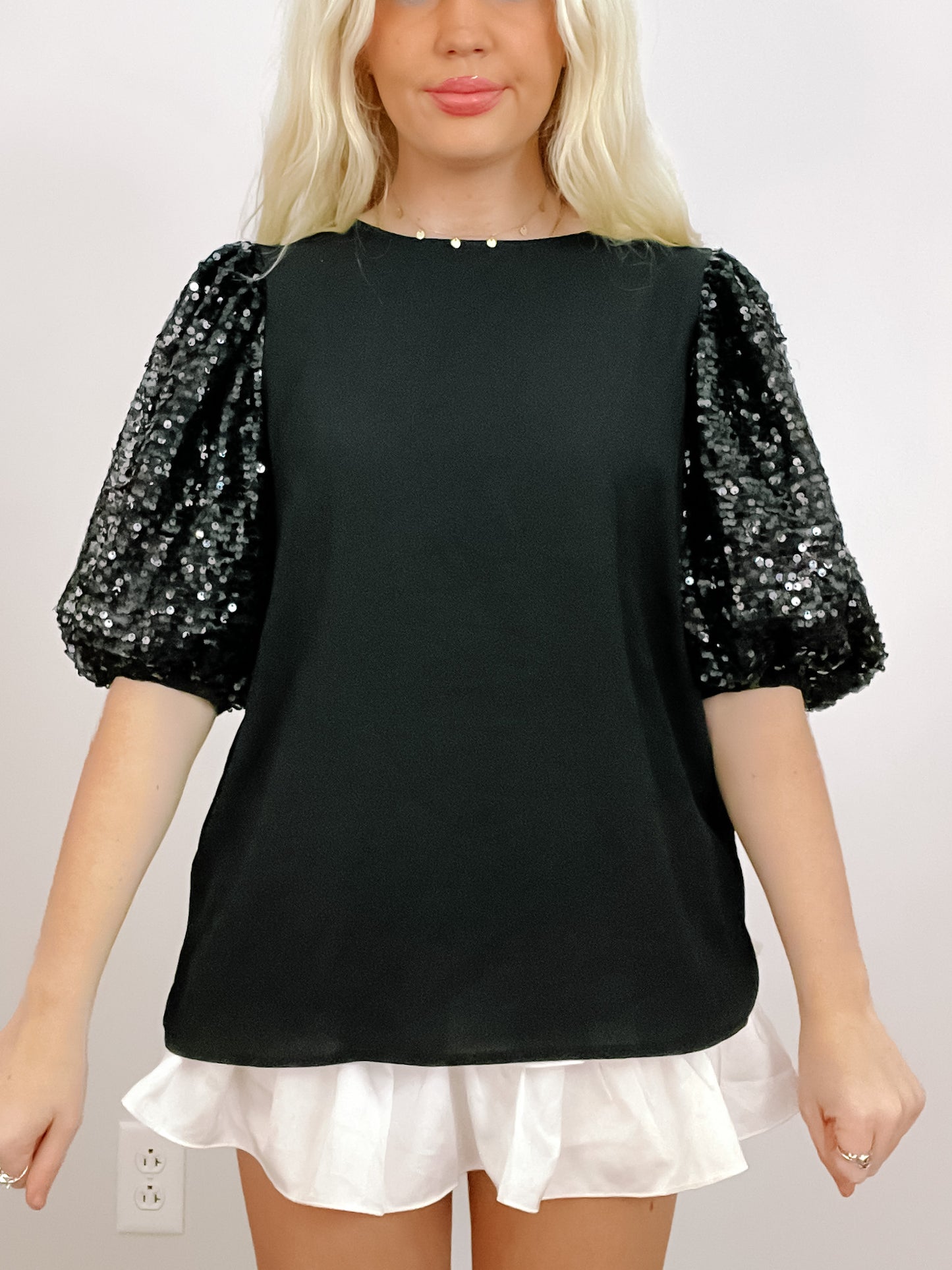Black sequined puff sleeve blouse, WHS Top #54; perfect for parties.