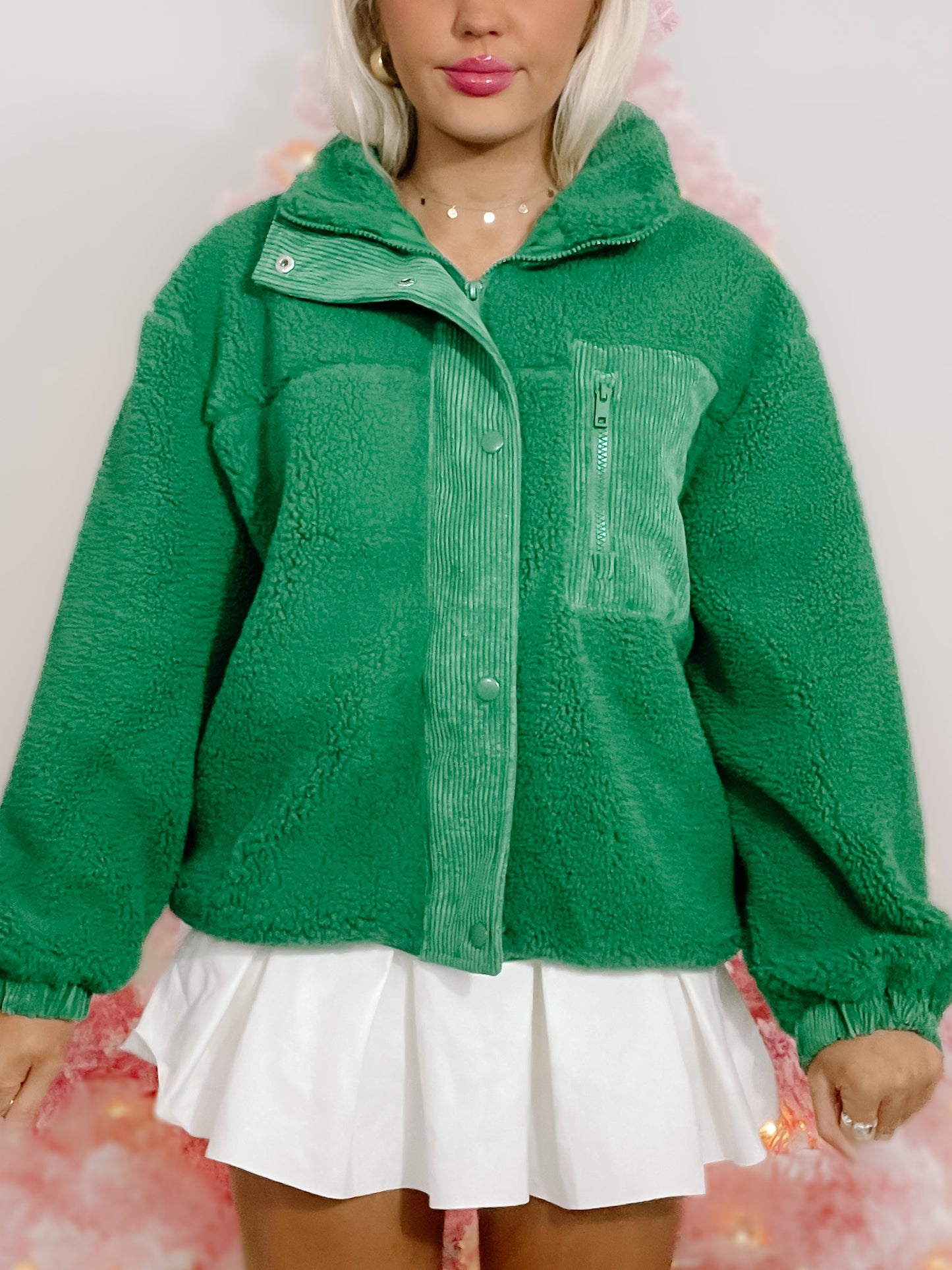 Green Fraser Fir sherpa jacket with corduroy details