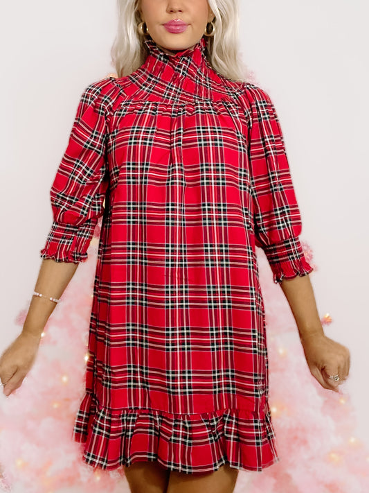 Red and black plaid party dress with mock neck and ruffle hem
