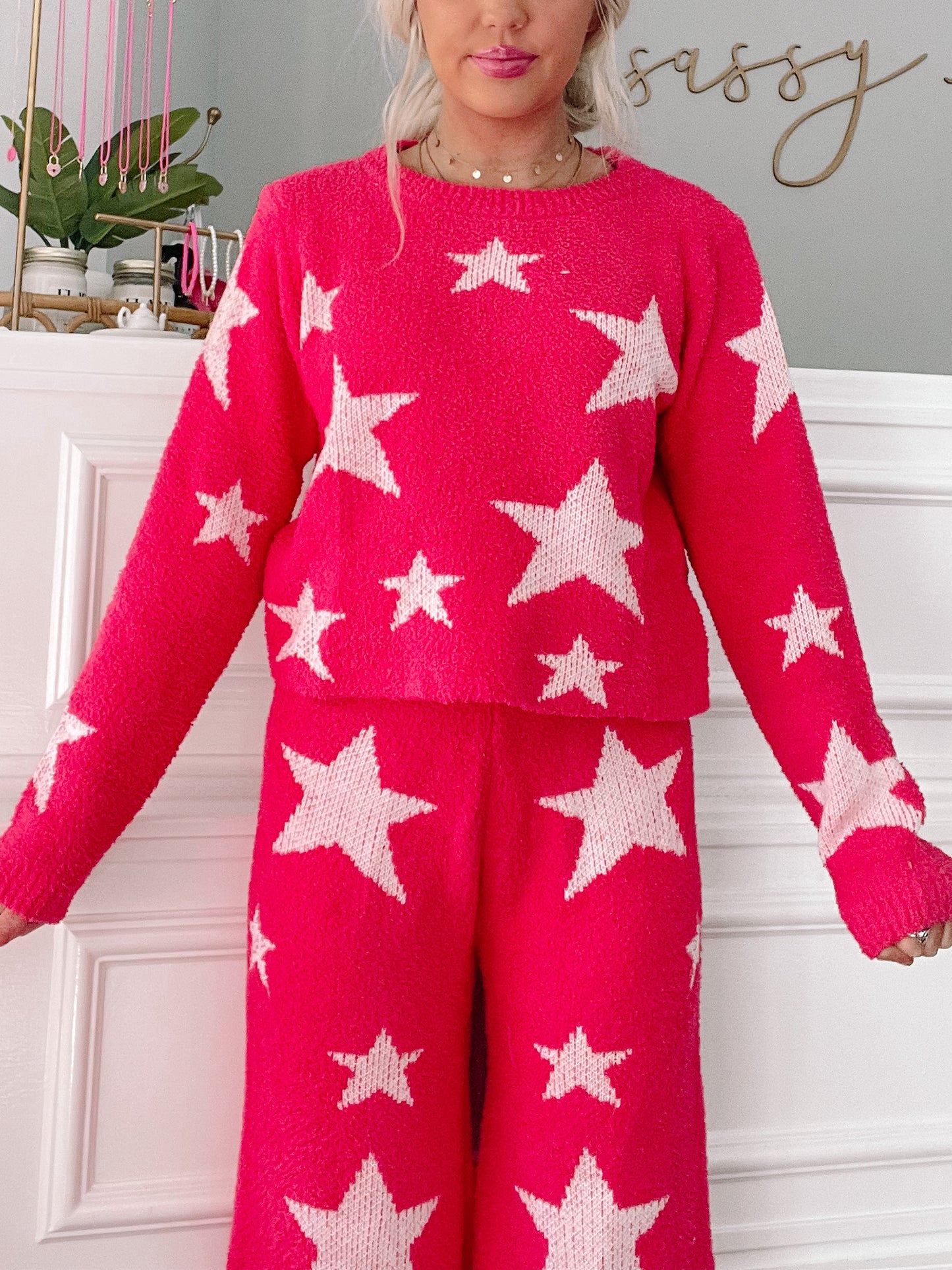 Hot pink Cuddle in the Clouds pants set with white star pattern.