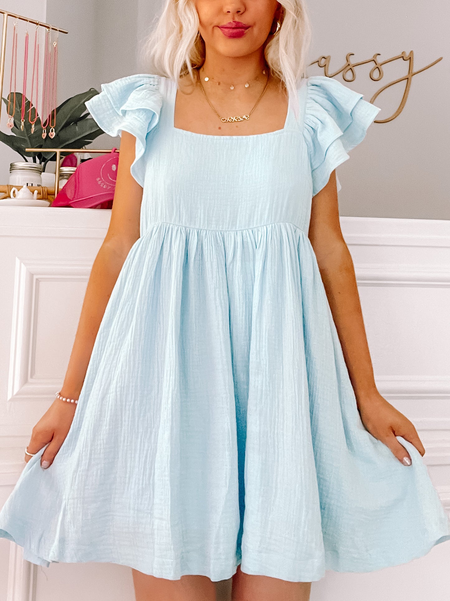 Light blue Blissfully Blue dress with ruffled sleeves; perfect summer dress.