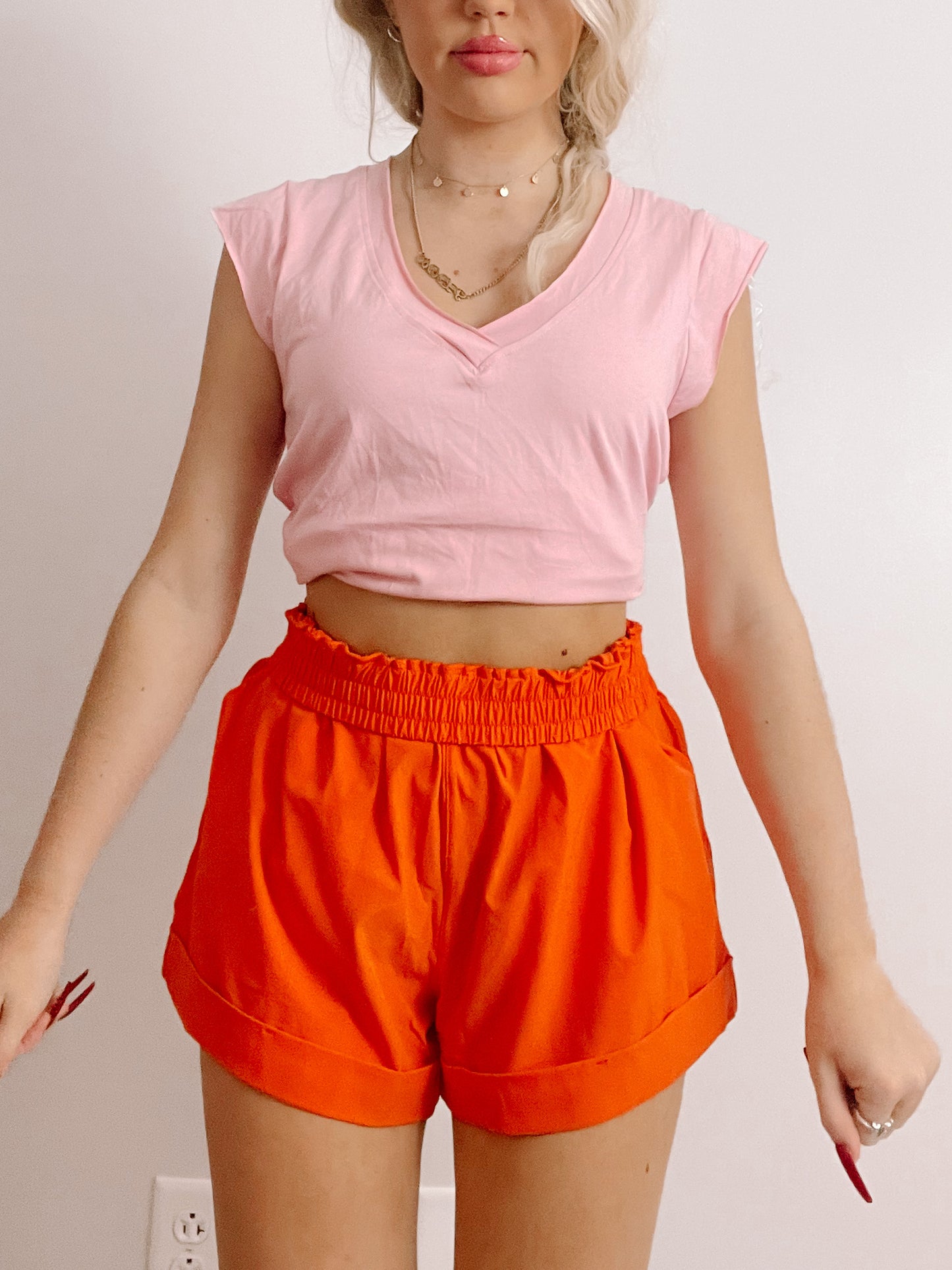 WHS #18 bright orange shorts, cuffed hem, elastic waistband