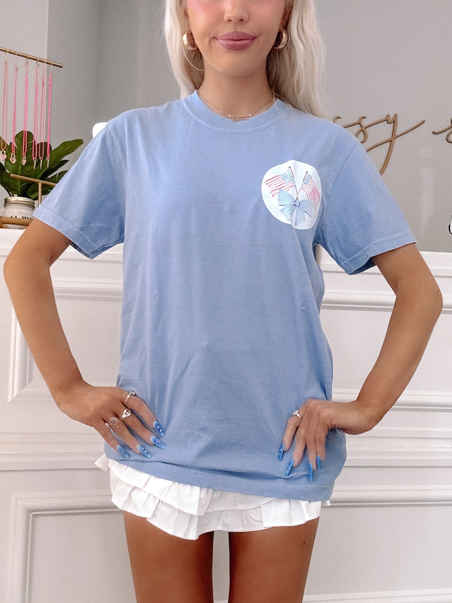 Front view of soft cotton tee with faith-inspired patriotic message.