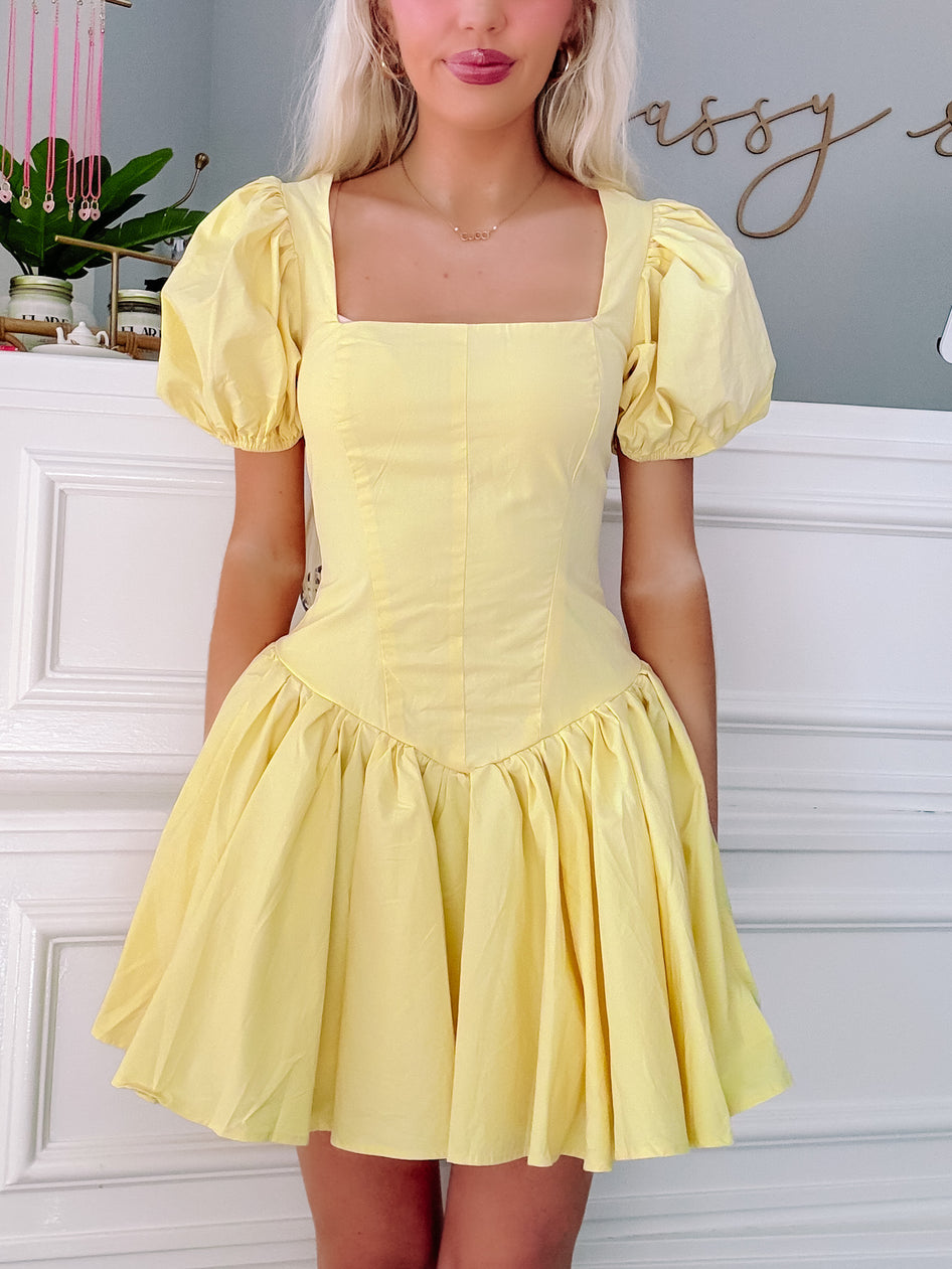 Yellow Adorabelle puff-sleeve mini dress with square neckline from Sassy Shortcake
