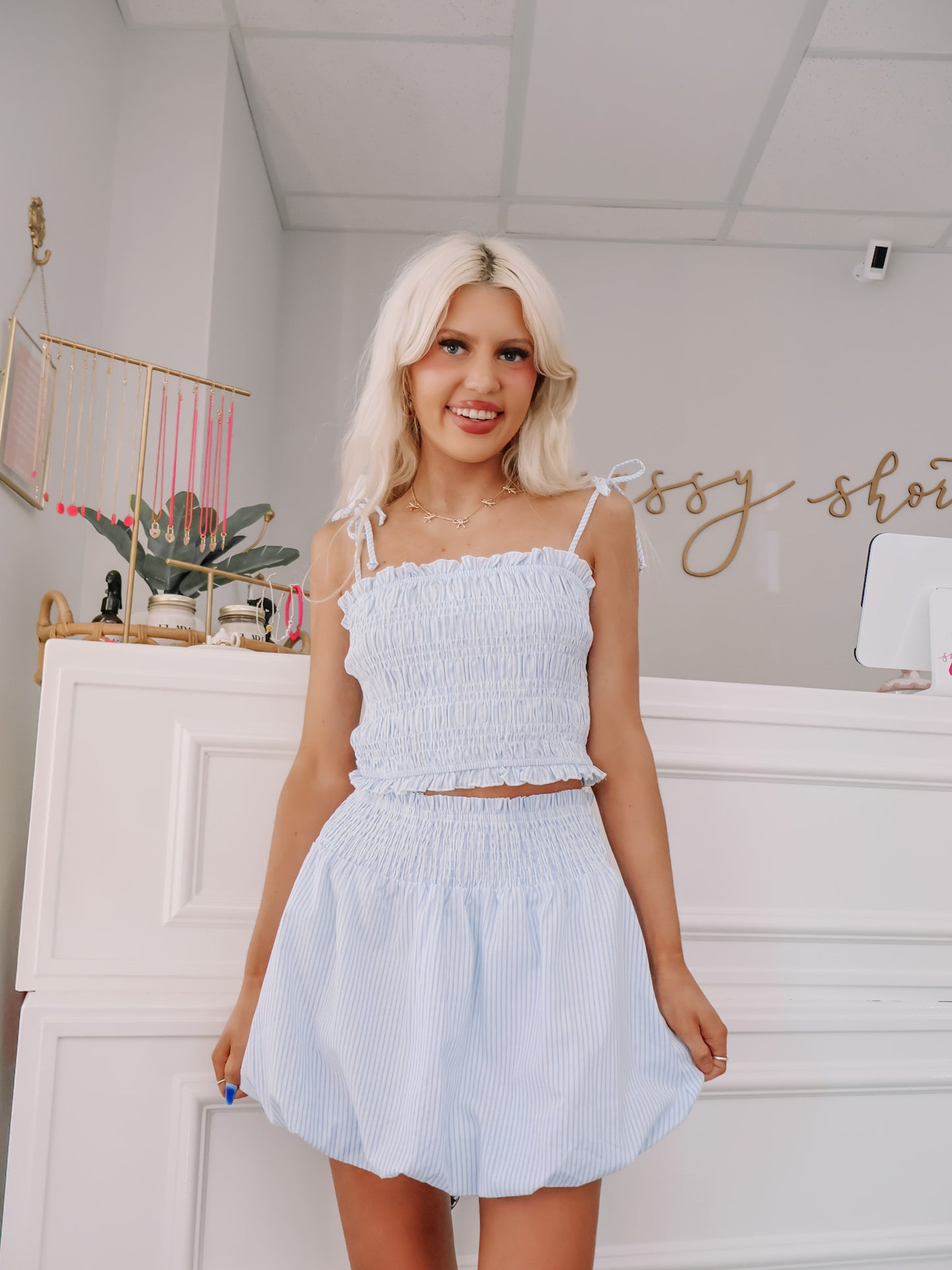 front view of the blue and white seersucker outfit set