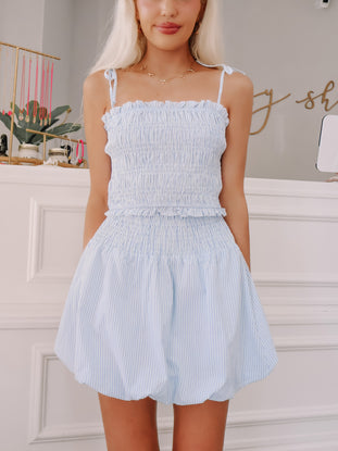 blue and white seersucker outfit set