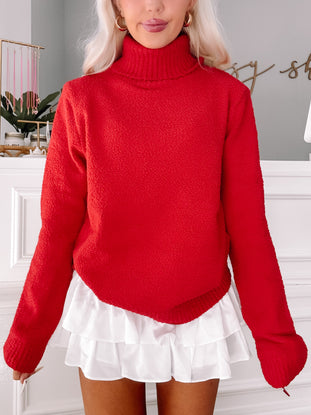 Blush & Berry red turtleneck sweater, cozy knit fabric.