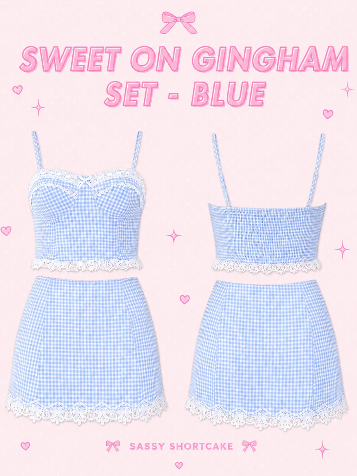 Baby blue Sweet on gingham two-piece set with sweetheart neckline, white lace trim and matching high-waisted mini skirt from sassy shortcake