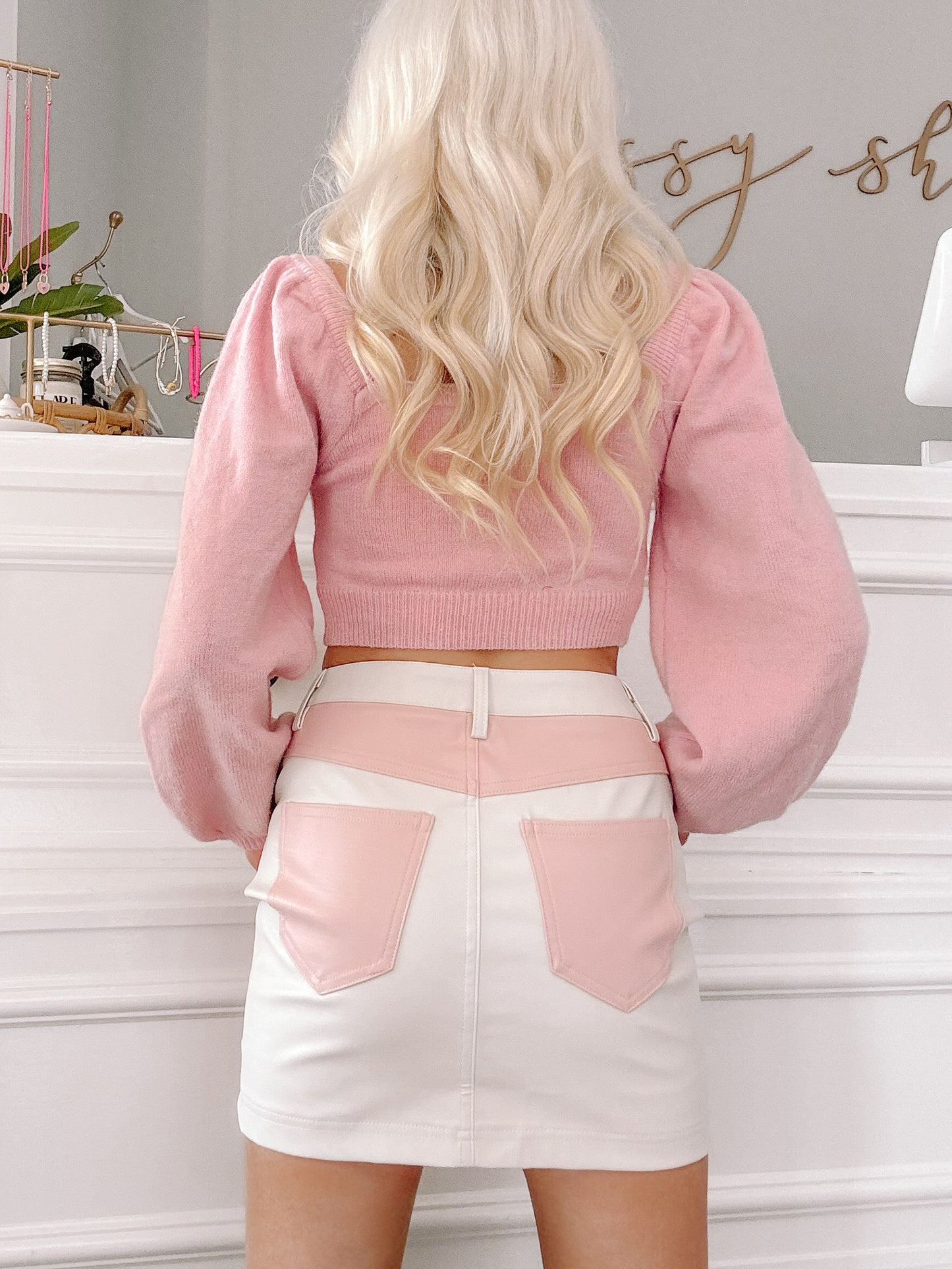 Blush Harmony skirt: off-white mini skirt with pink leather accents. | Sassy Shortcake