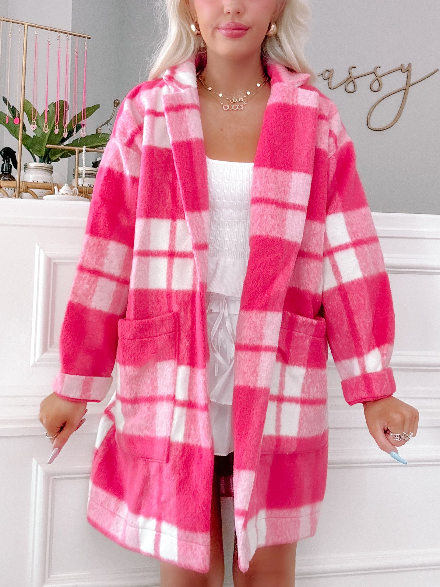 Pink and white checked fuzzy jacket with pockets