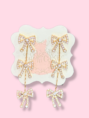 Gold Bow Drop Earrings with Sparkling Rhinestones
