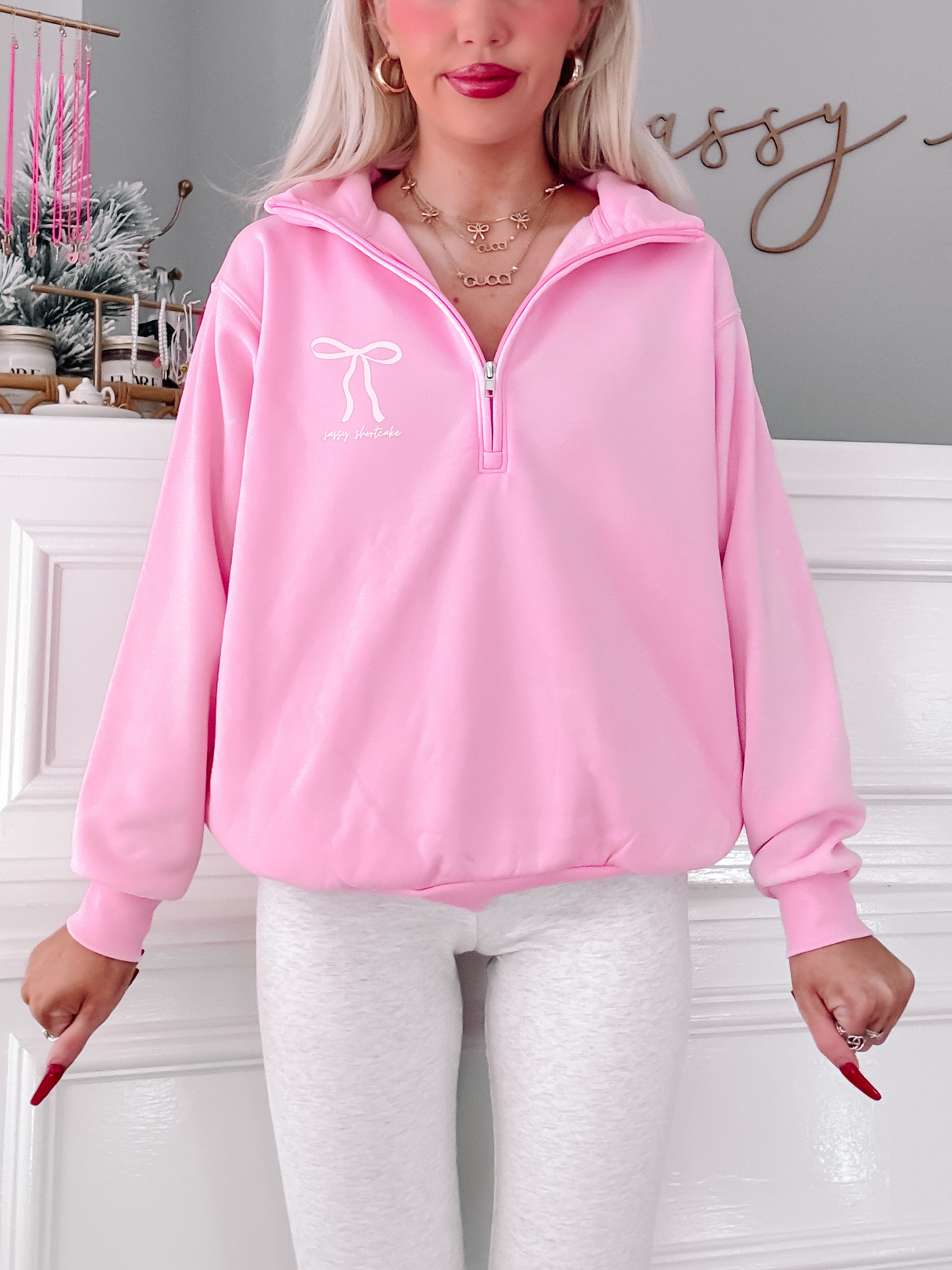Pink Sassy Shortcake Bow Quarter Zip sweatshirt with bow detail