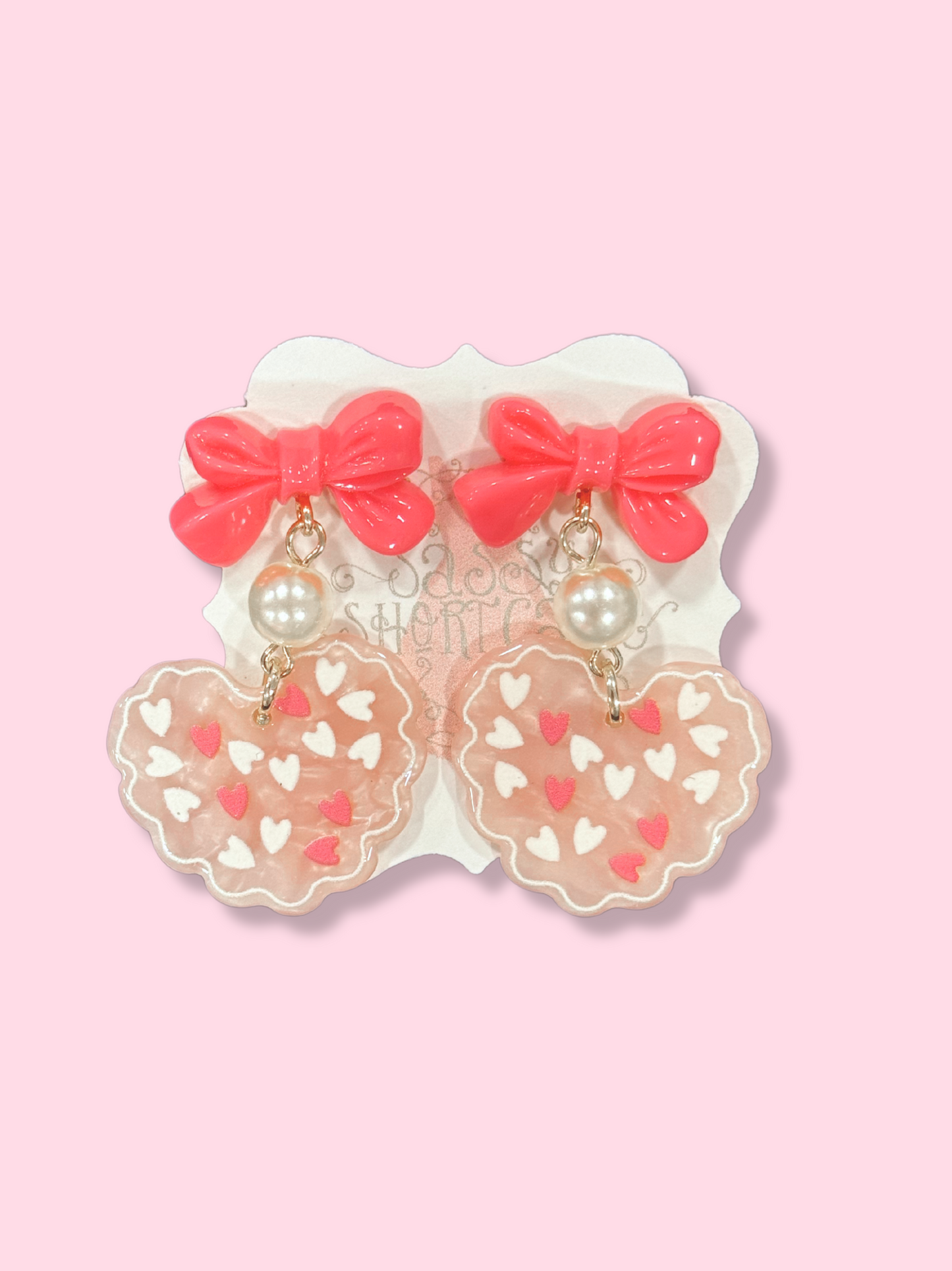Candy Crush heart earrings with pink bows & pearls
