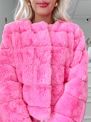 Pink faux fur cropped jacket with a quilted texture | Sassy Shortcake Cotton Candy Coat