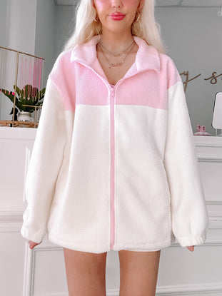 close up view of fleece colorblock jacket from sassy shortcake