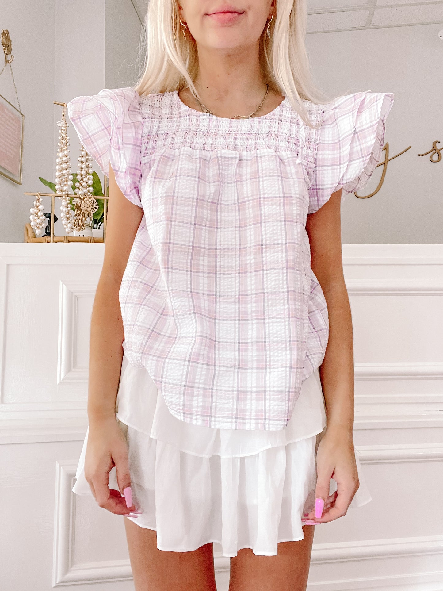 Lilac and white plaid Evelyn top with ruffle sleeves