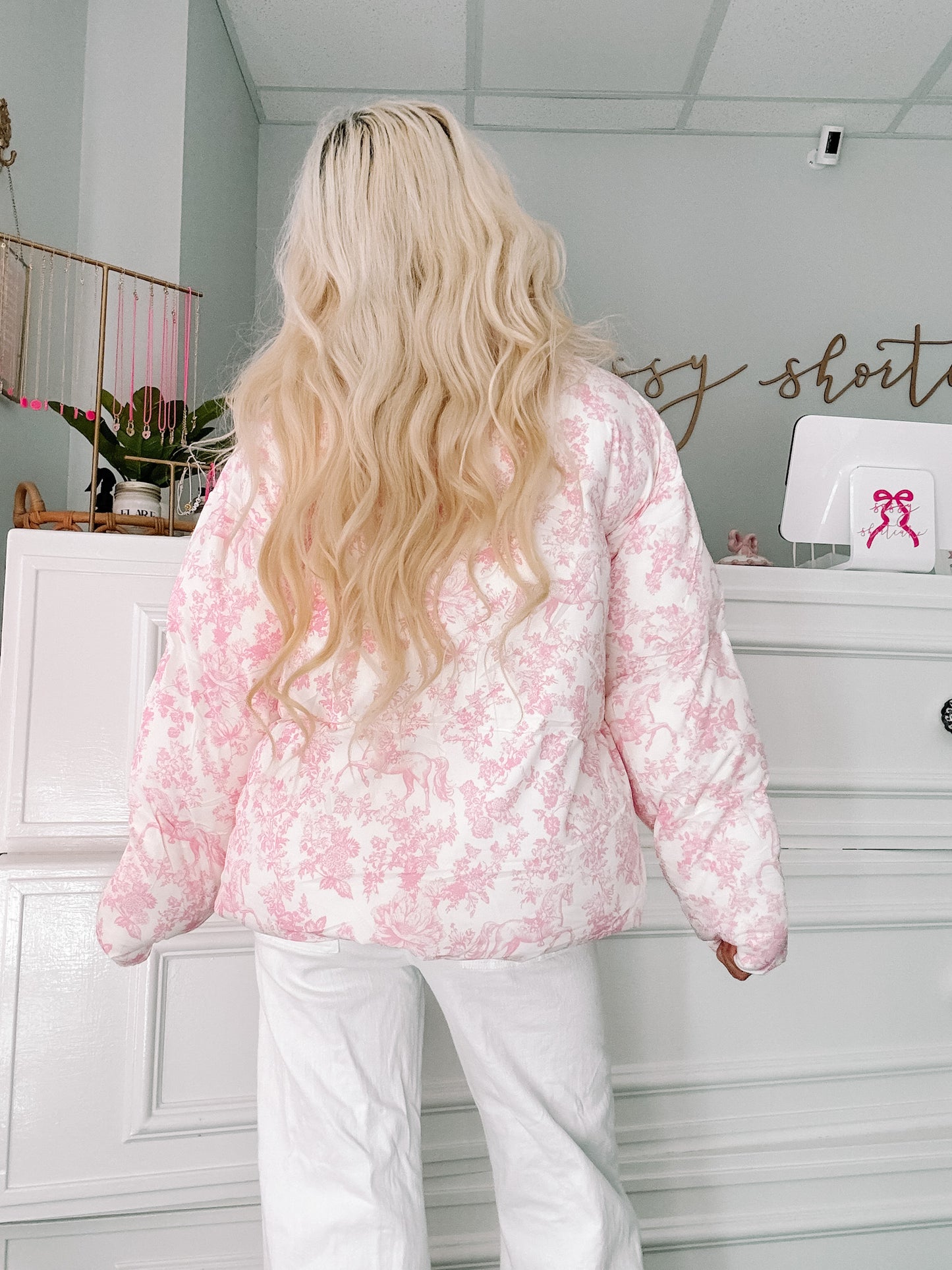 Fairytale Bow Jacket by Sassy Shortcake back view, dreamy pink floral print across hood