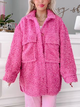 Fluffy in Fuchsia fuzzy pink jacket, oversized fit