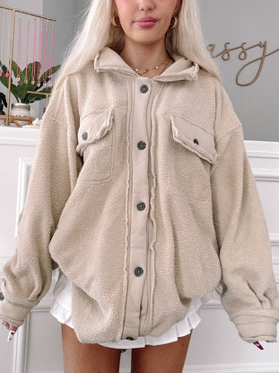 Fuzzy Forrest Shacket in Birch: Cozy beige sherpa fleece shacket with button front and pockets.