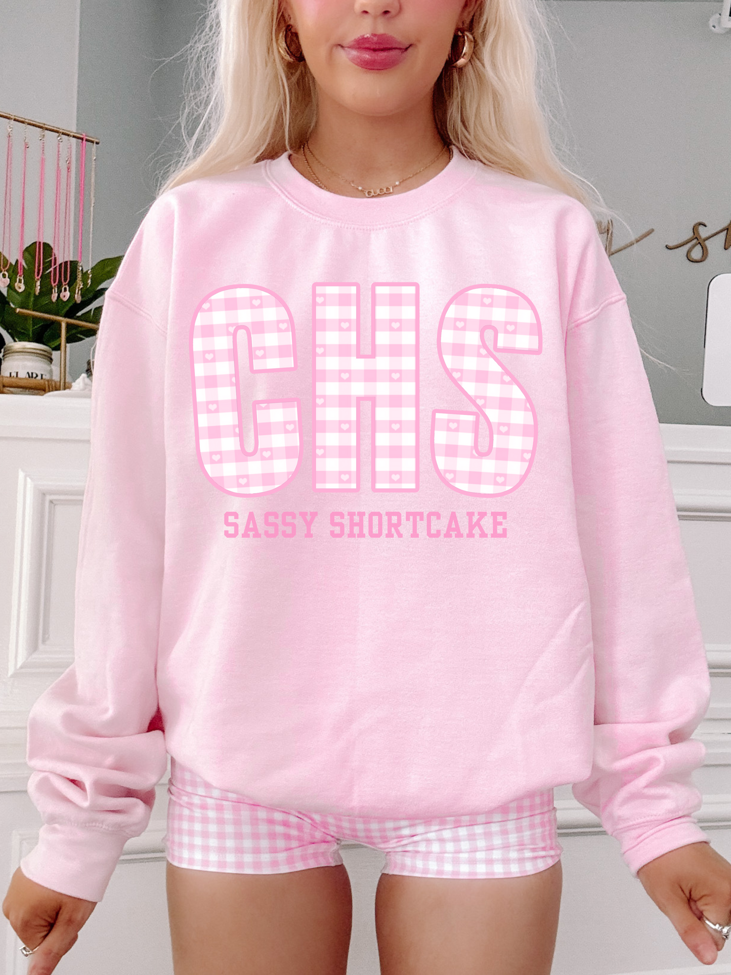 pink gingham charleston comfy crewneck