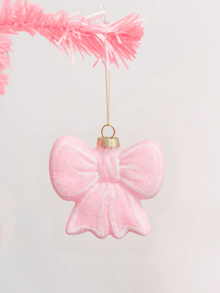 Bubble Bow Glitter Ornament by Sassy Shortcakeβhand-blown pink glass bow on branch, 3x5 inches