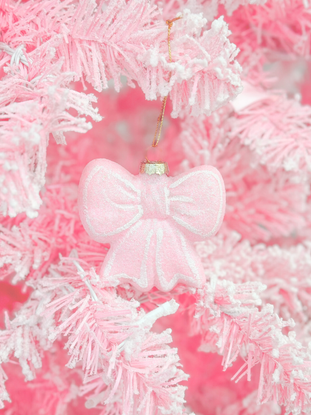 Bubble Bow Ornament in pink glitter on pink Christmas tree branch | Sassy Shortcake